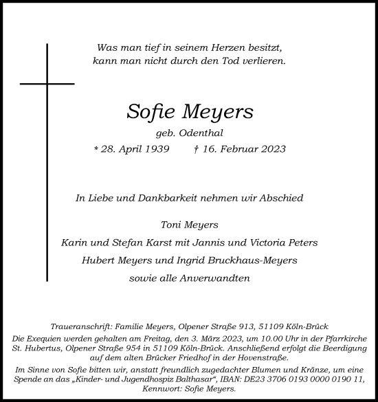 Anzeige von Sofie Meyers von Kölner Stadt-Anzeiger / Kölnische Rundschau / Express