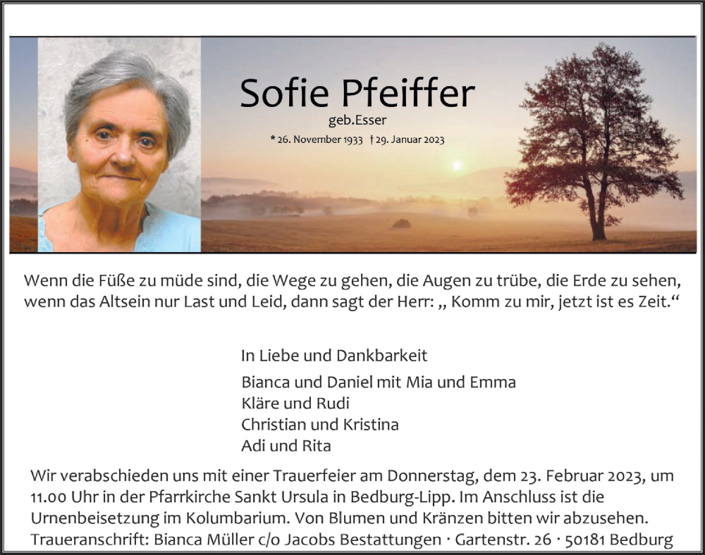  Traueranzeige für Sofie Pfeiffer vom 17.02.2023 aus  Werbepost 