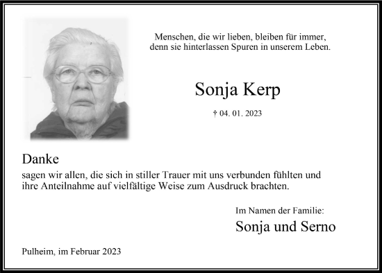 Anzeige von Sonja Kerp von  Wochenende 