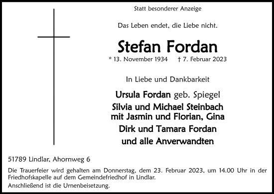 Anzeige von Stefan Fordan von Kölner Stadt-Anzeiger / Kölnische Rundschau / Express