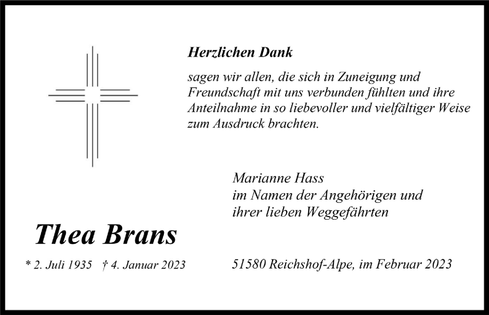  Traueranzeige für Thea Brans vom 10.02.2023 aus  Anzeigen Echo 