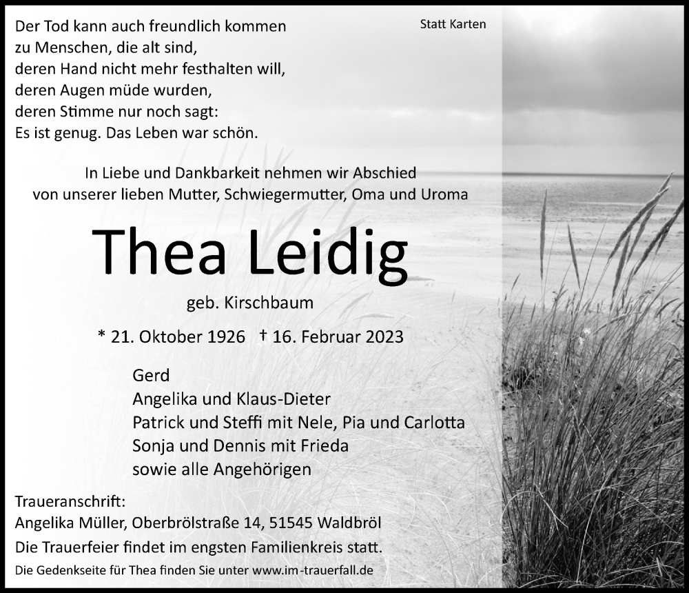  Traueranzeige für Thea Leidig vom 24.02.2023 aus  Lokalanzeiger 