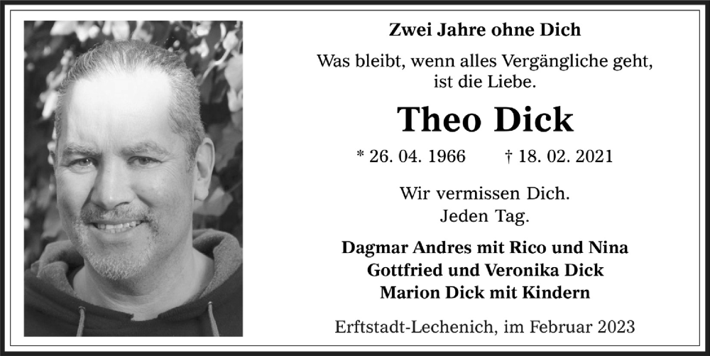  Traueranzeige für Theo Dick vom 17.02.2023 aus  Werbepost 