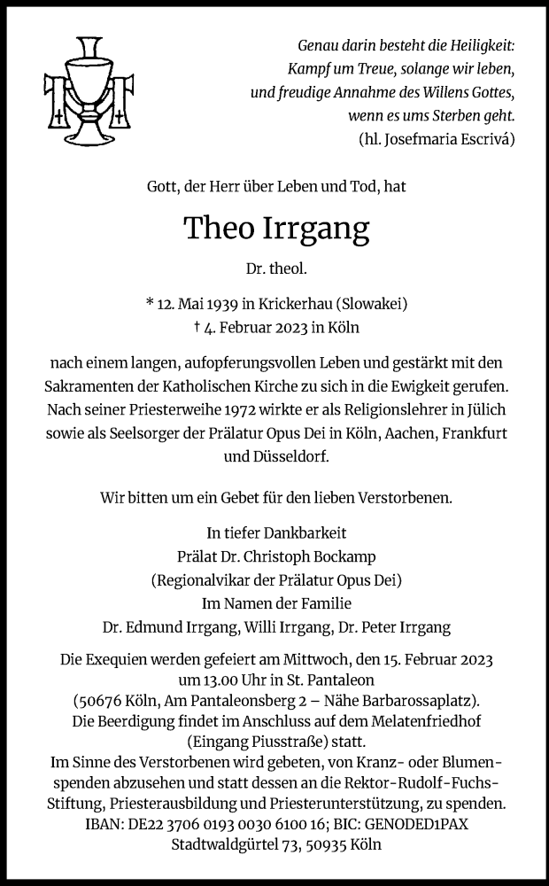  Traueranzeige für Theo Irrgang vom 11.02.2023 aus Kölner Stadt-Anzeiger / Kölnische Rundschau / Express