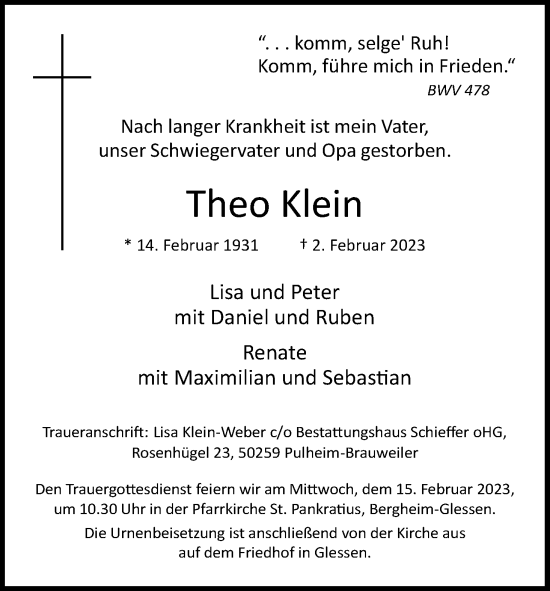 Anzeige von Theo Klein von Kölner Stadt-Anzeiger / Kölnische Rundschau / Express