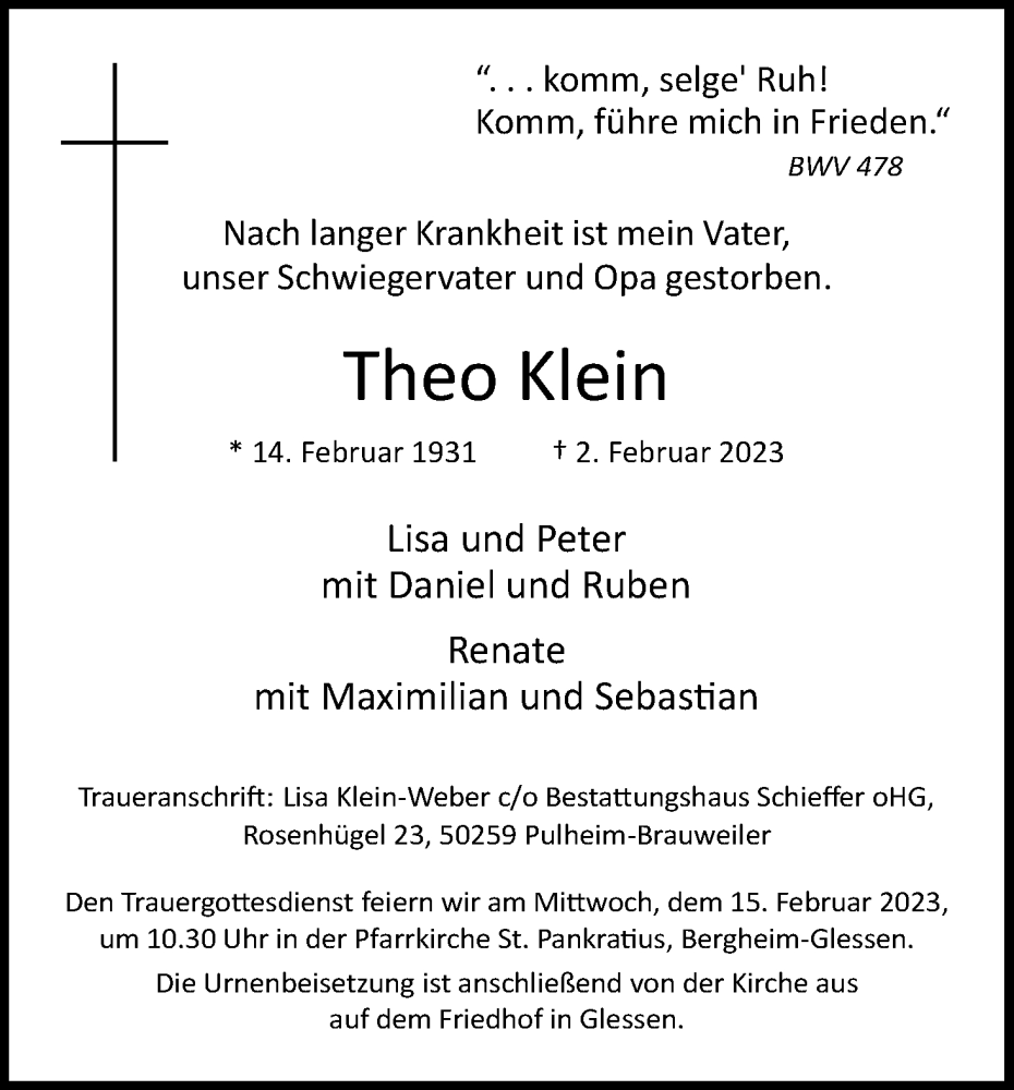  Traueranzeige für Theo Klein vom 11.02.2023 aus Kölner Stadt-Anzeiger / Kölnische Rundschau / Express