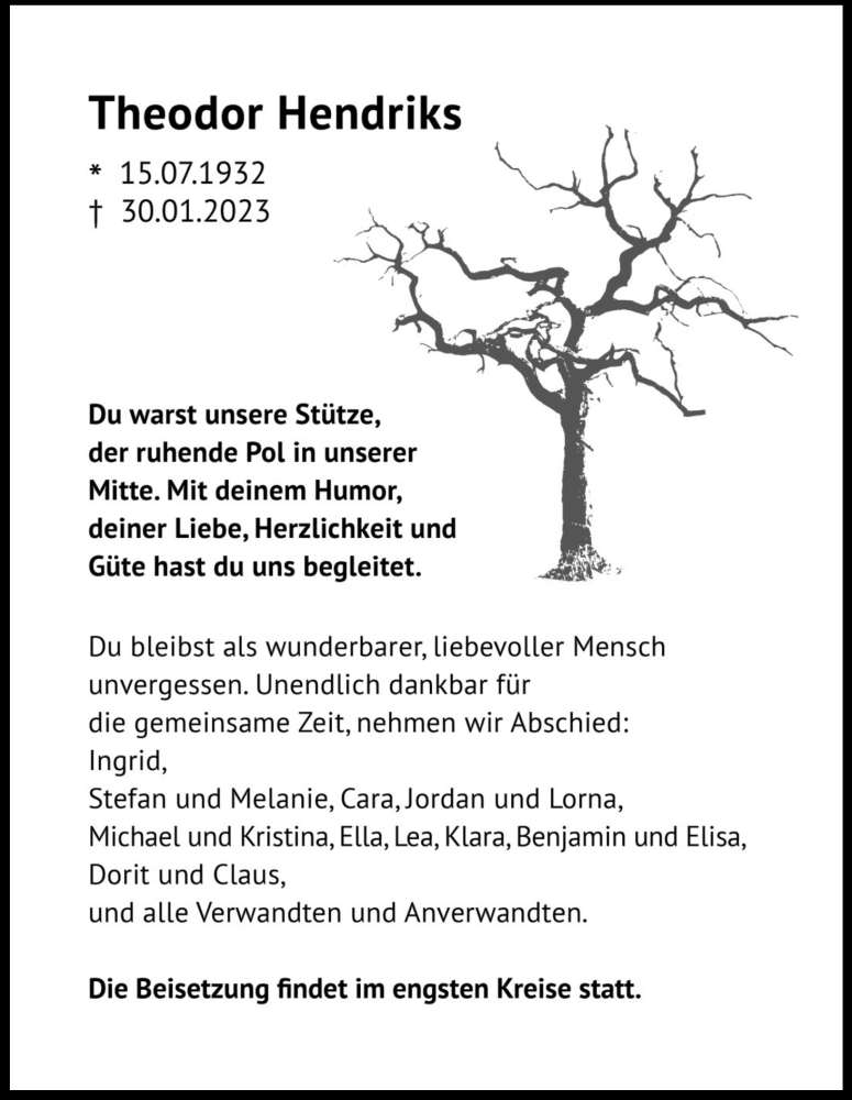  Traueranzeige für Theodor Hendriks vom 18.02.2023 aus Kölner Stadt-Anzeiger / Kölnische Rundschau / Express