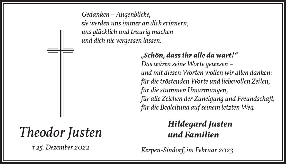  Traueranzeige für Theodor Justen vom 17.02.2023 aus  Werbepost 