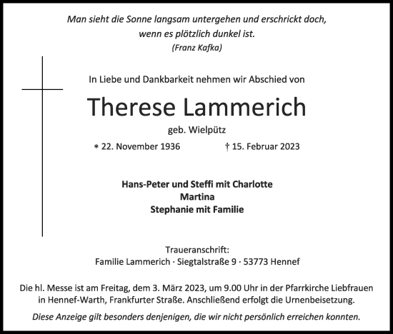 Anzeige von Therese Lammerich von Kölner Stadt-Anzeiger / Kölnische Rundschau / Express