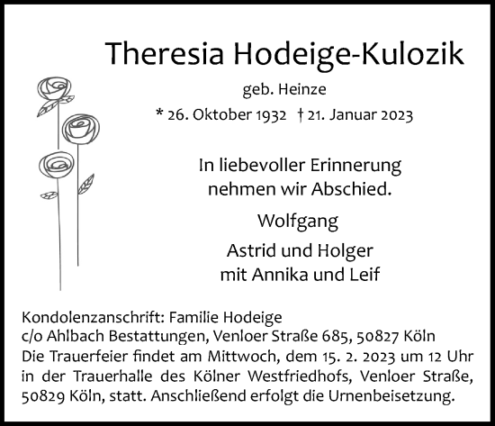 Anzeige von Theresia Hodeige-Kulozik von Kölner Stadt-Anzeiger / Kölnische Rundschau / Express