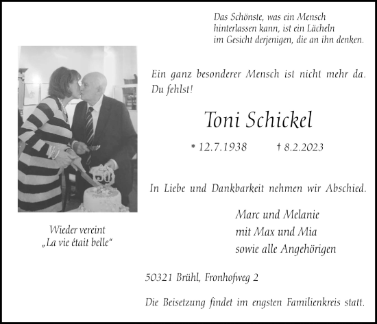 Anzeige von Toni Schickel von  Schlossbote/Werbekurier 