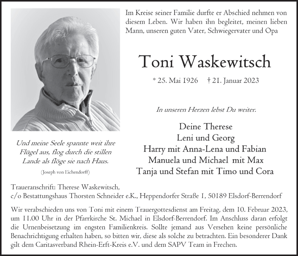  Traueranzeige für Toni Waskewitsch vom 03.02.2023 aus  Werbepost 