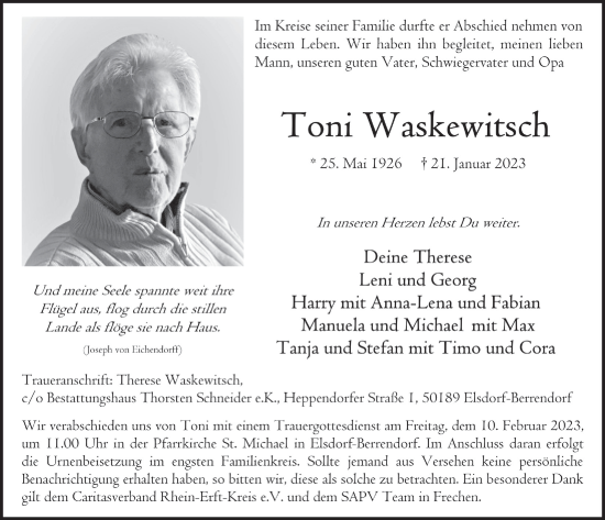 Anzeige von Toni Waskewitsch von  Werbepost 