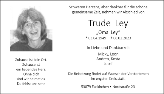 Anzeige von Trude Ley von  Blickpunkt Euskirchen 