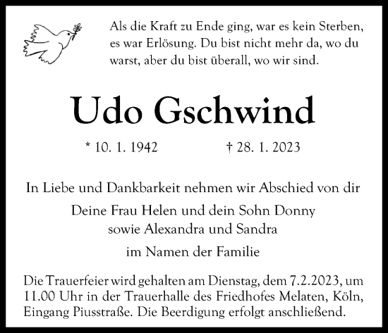 Anzeige von Udo Gschwind von Kölner Stadt-Anzeiger / Kölnische Rundschau / Express