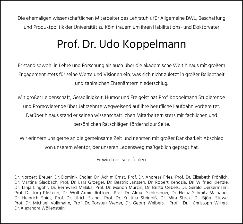  Traueranzeige für Udo Koppelmann vom 04.02.2023 aus Kölner Stadt-Anzeiger / Kölnische Rundschau / Express