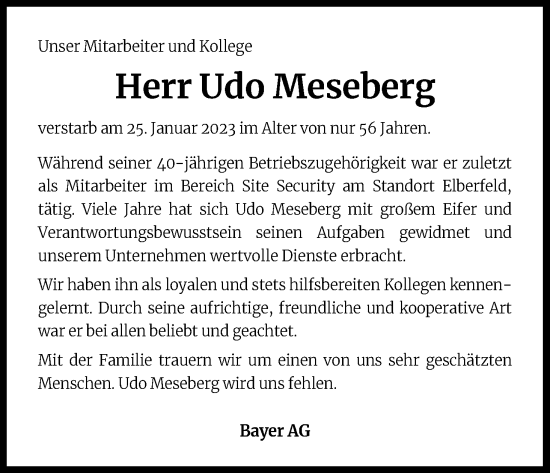 Anzeige von Udo Meseberg von Kölner Stadt-Anzeiger / Kölnische Rundschau / Express