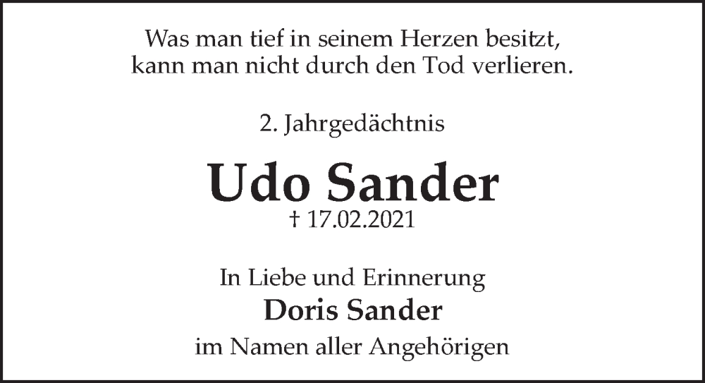  Traueranzeige für Udo Sander vom 17.02.2023 aus  Anzeigen Echo 