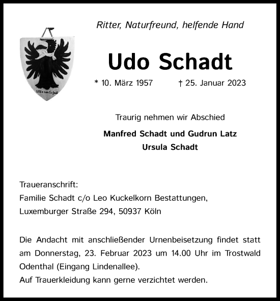 Anzeige von Udo Schadt von Kölner Stadt-Anzeiger / Kölnische Rundschau / Express