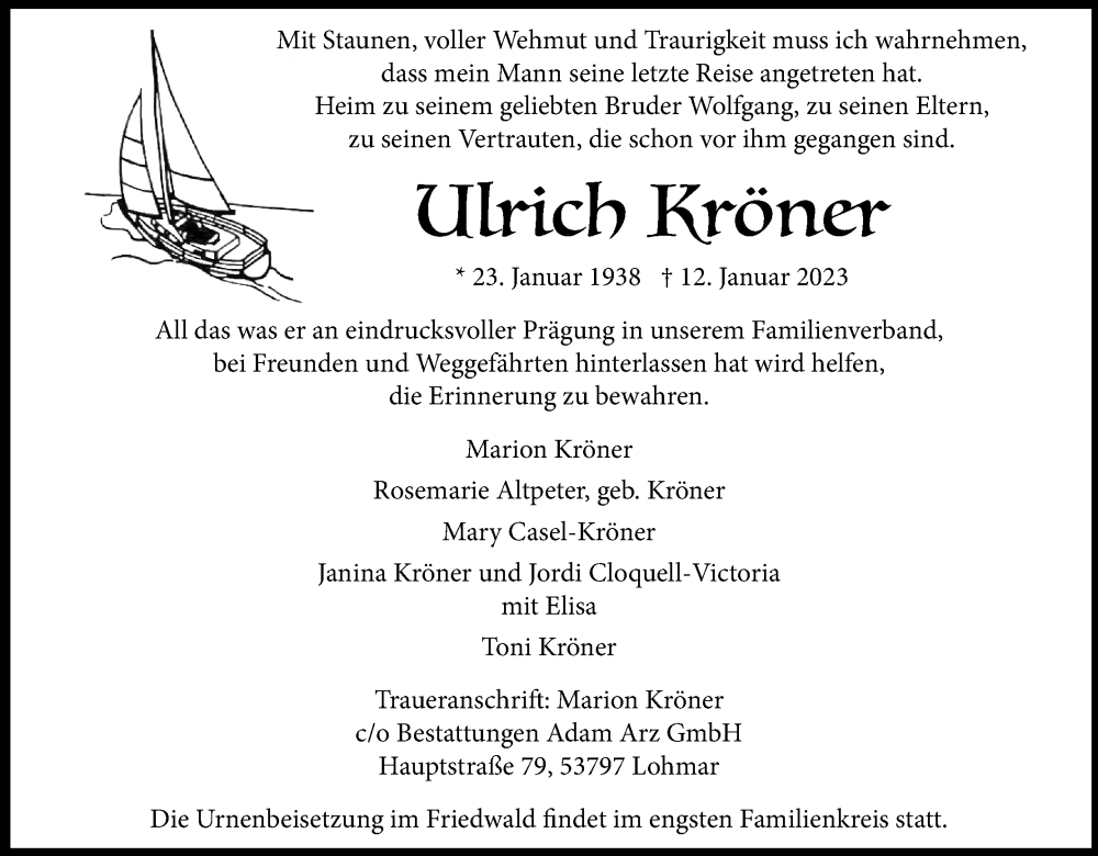  Traueranzeige für Ulrich Kröner vom 04.02.2023 aus Kölner Stadt-Anzeiger / Kölnische Rundschau / Express