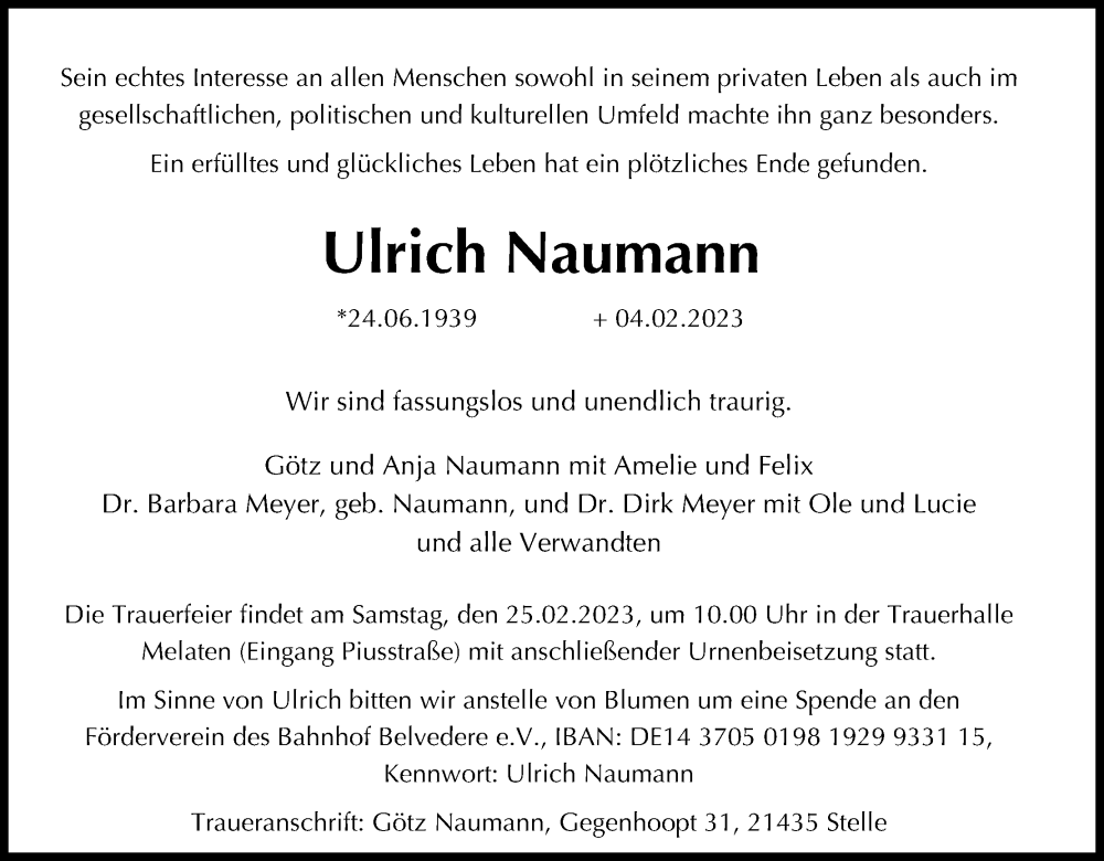  Traueranzeige für Ulrich Naumann vom 11.02.2023 aus Kölner Stadt-Anzeiger / Kölnische Rundschau / Express