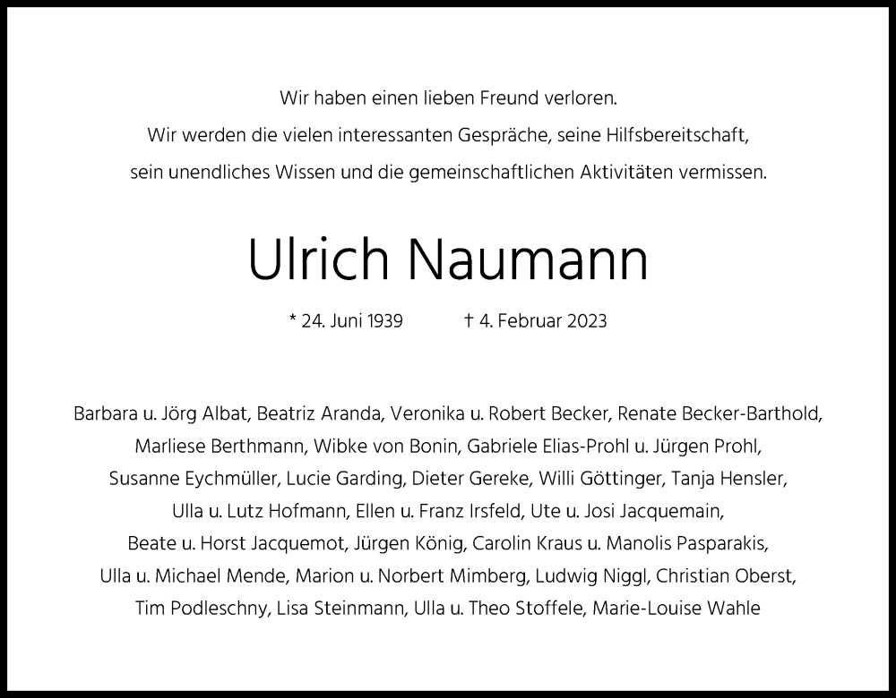  Traueranzeige für Ulrich Naumann vom 18.02.2023 aus Kölner Stadt-Anzeiger / Kölnische Rundschau / Express