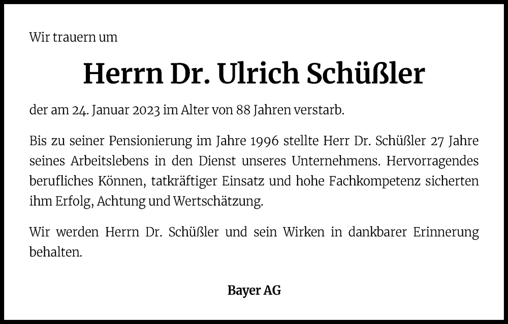  Traueranzeige für Ulrich Schüßler vom 04.02.2023 aus Kölner Stadt-Anzeiger / Kölnische Rundschau / Express