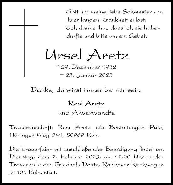 Anzeige von Ursel Aretz von Kölner Stadt-Anzeiger / Kölnische Rundschau / Express