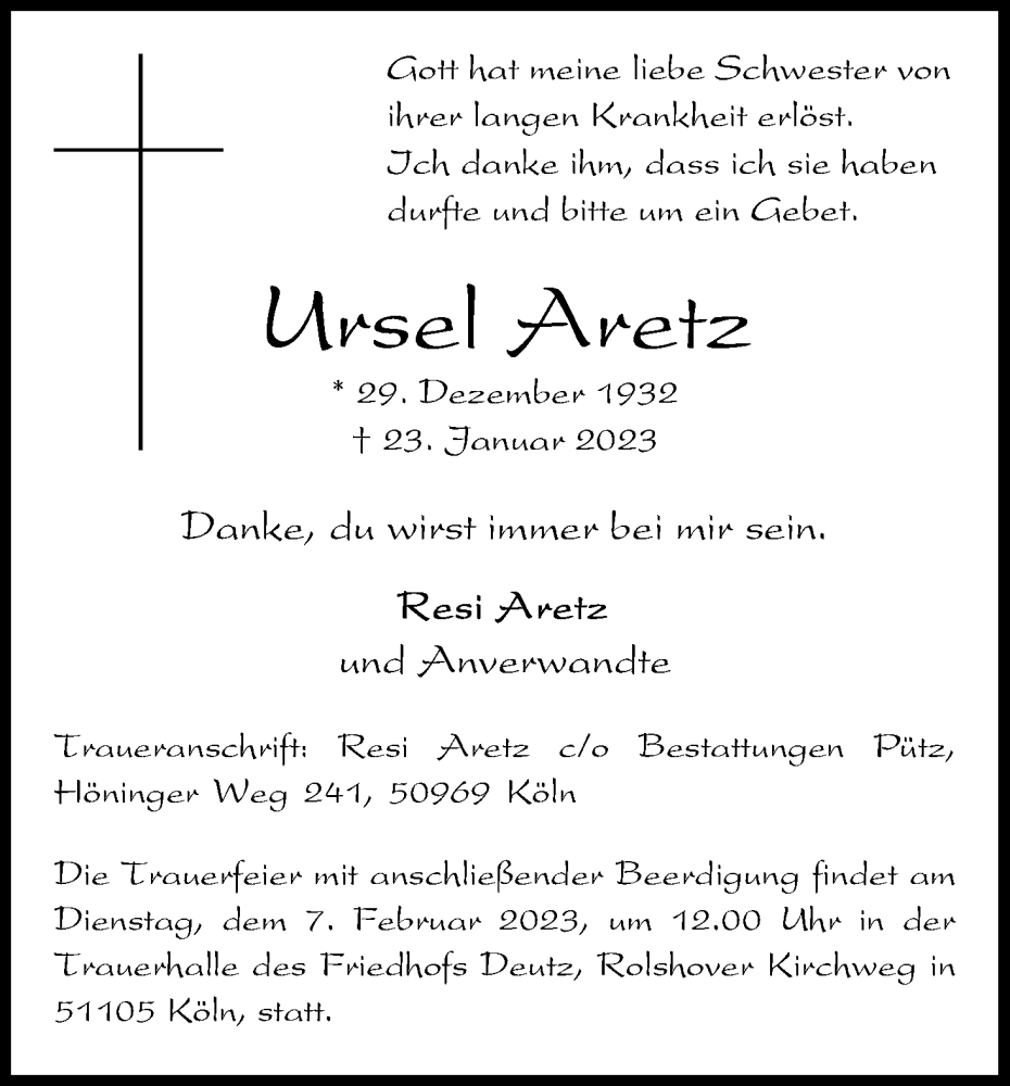  Traueranzeige für Ursel Aretz vom 04.02.2023 aus Kölner Stadt-Anzeiger / Kölnische Rundschau / Express