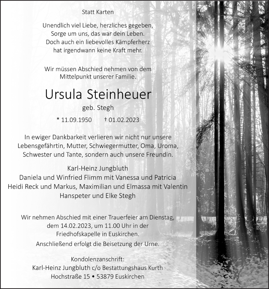  Traueranzeige für Ursula Steinheuer vom 11.02.2023 aus  Blickpunkt Euskirchen 