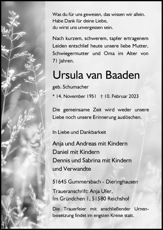 Anzeige von Ursula van Baaden von  Anzeigen Echo 