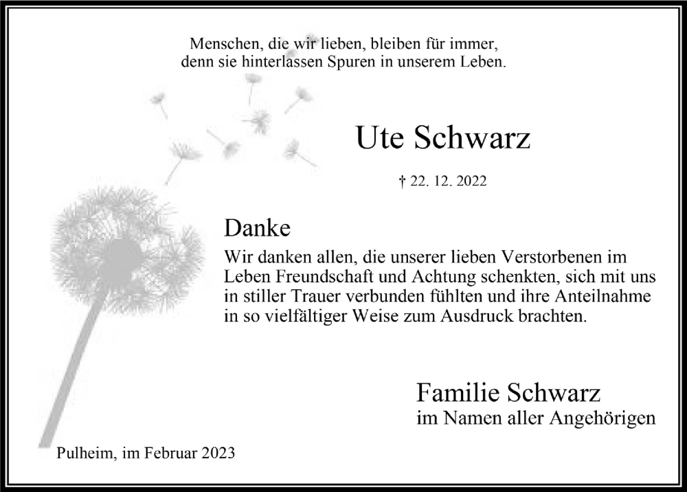  Traueranzeige für Ute Schwarz vom 03.02.2023 aus  Wochenende  EXPRESS - Die Woche 