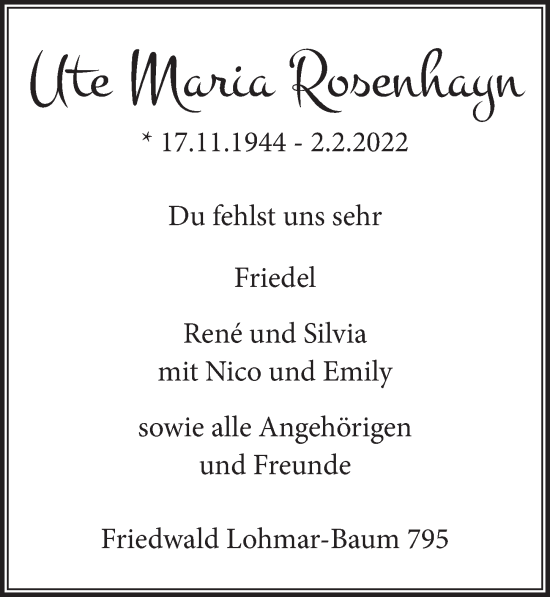 Anzeige von Ute Maria Rosenhayn von  Extra Blatt 