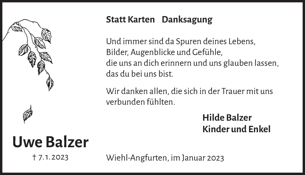  Traueranzeige für Uwe Balzer vom 03.02.2023 aus  Anzeigen Echo 