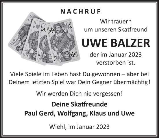 Anzeige von Uwe Balzer von  Anzeigen Echo 