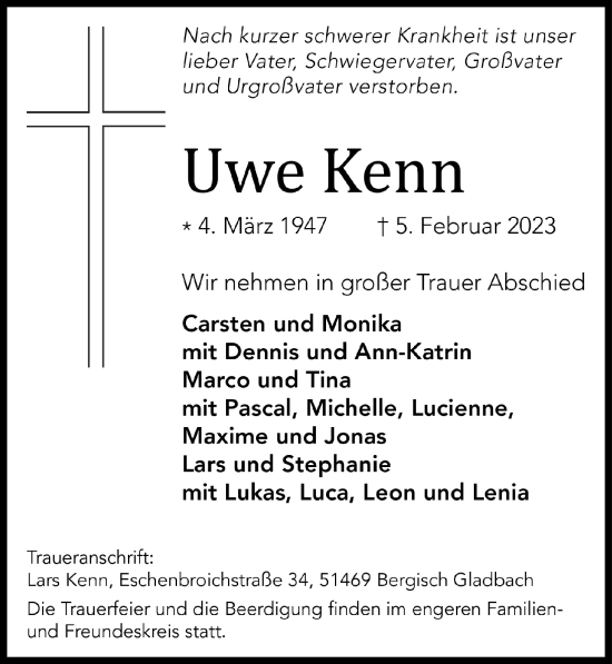 Anzeige von Uwe Kenn von  Bergisches Handelsblatt 