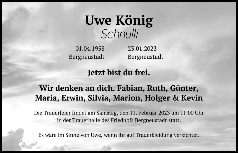  Traueranzeige für Uwe König vom 03.02.2023 aus  Anzeigen Echo 