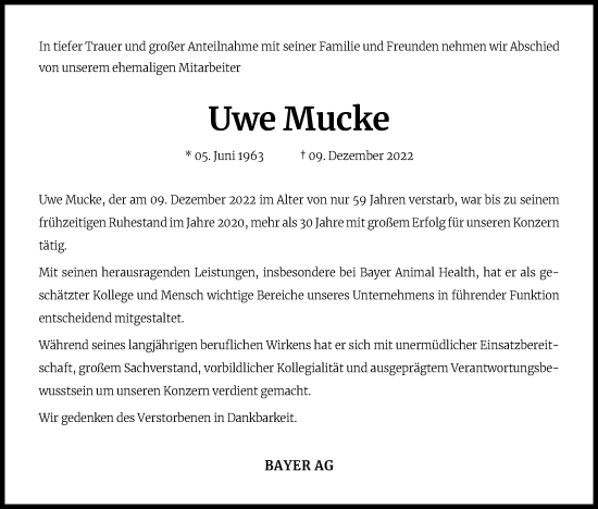 Anzeige von Uwe Mucke von Kölner Stadt-Anzeiger / Kölnische Rundschau / Express