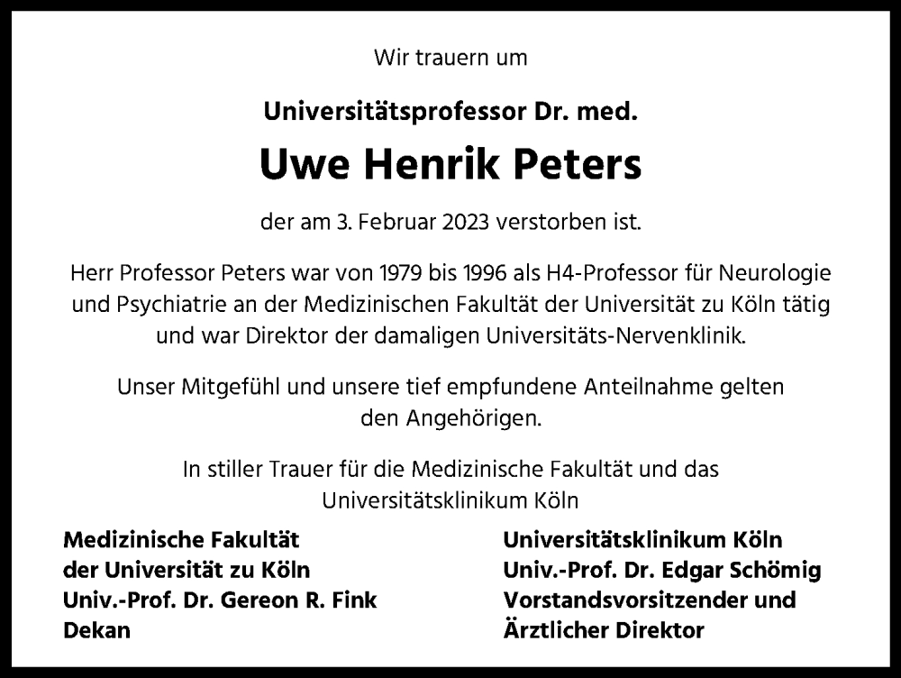  Traueranzeige für Uwe Henrik Peters vom 25.02.2023 aus Kölner Stadt-Anzeiger / Kölnische Rundschau / Express