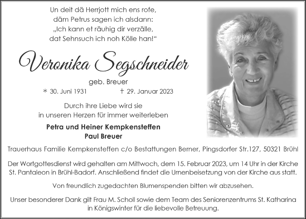  Traueranzeige für Veronika Segschneider vom 10.02.2023 aus  Schlossbote/Werbekurier 