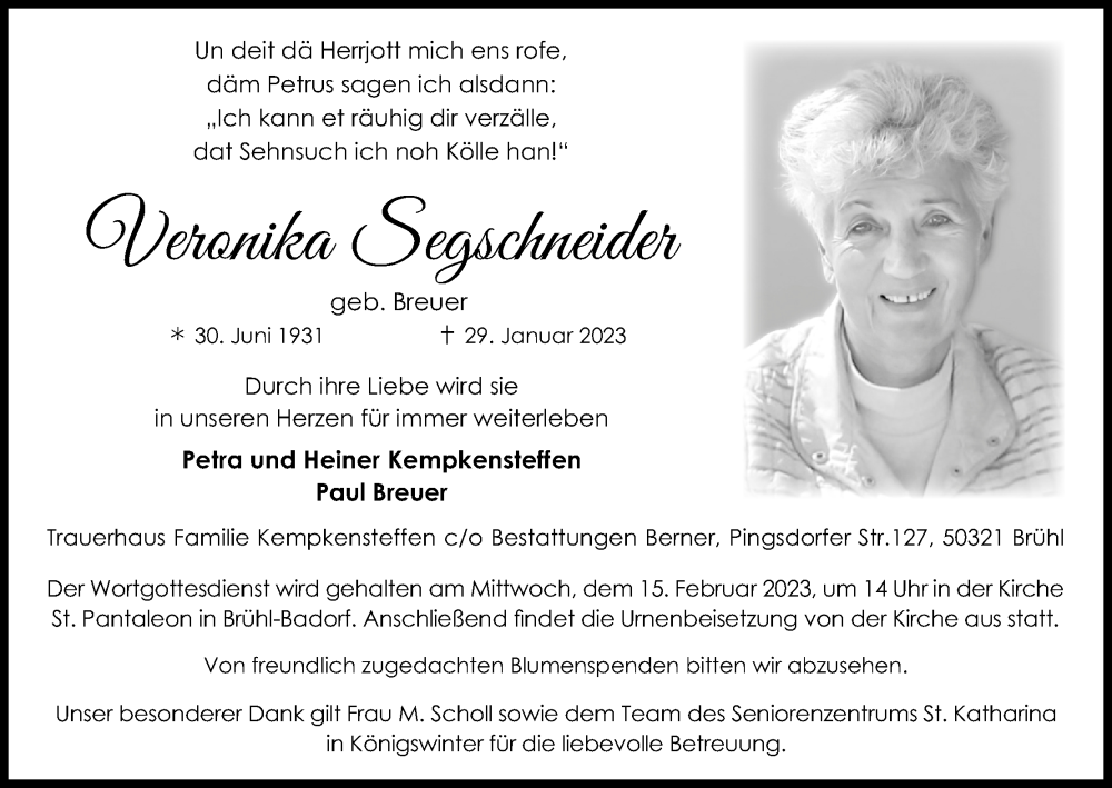  Traueranzeige für Veronika Segschneider vom 11.02.2023 aus Kölner Stadt-Anzeiger / Kölnische Rundschau / Express
