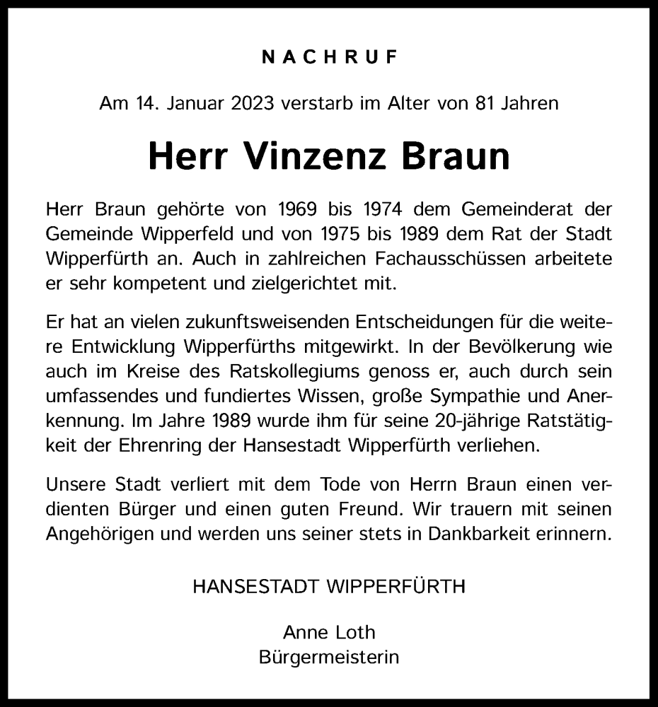  Traueranzeige für Vinzenz Braun vom 03.02.2023 aus Kölner Stadt-Anzeiger / Kölnische Rundschau / Express
