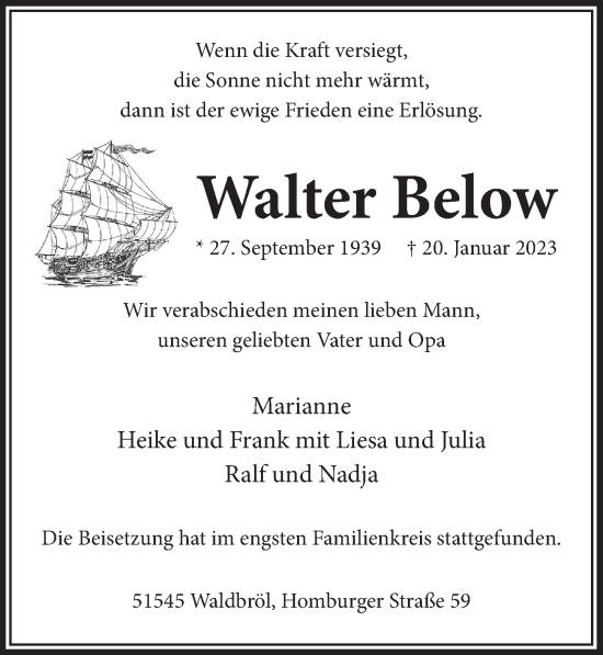 Anzeige von Walter Below von  Lokalanzeiger 