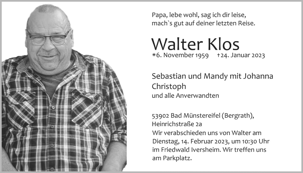  Traueranzeige für Walter Klos vom 04.02.2023 aus  Blickpunkt Euskirchen 