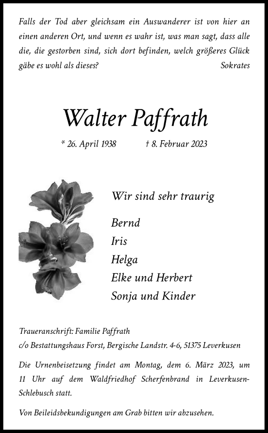 Anzeige von Walter Paffrath von Kölner Stadt-Anzeiger / Kölnische Rundschau / Express
