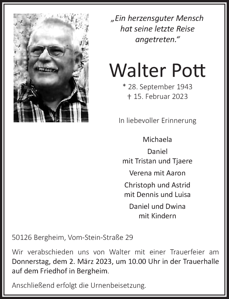  Traueranzeige für Walter Pott vom 24.02.2023 aus  Werbepost 