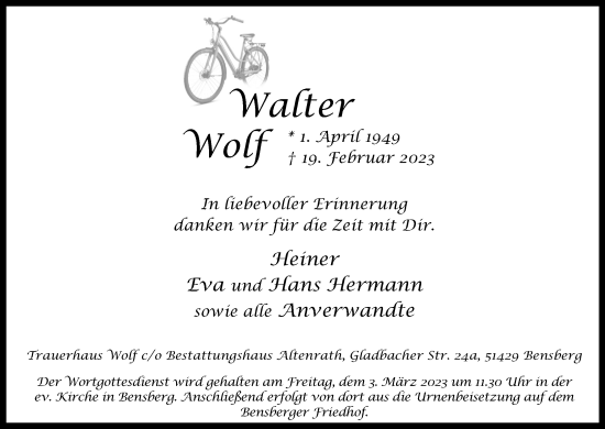 Anzeige von Walter Wolf von Kölner Stadt-Anzeiger / Kölnische Rundschau / Express