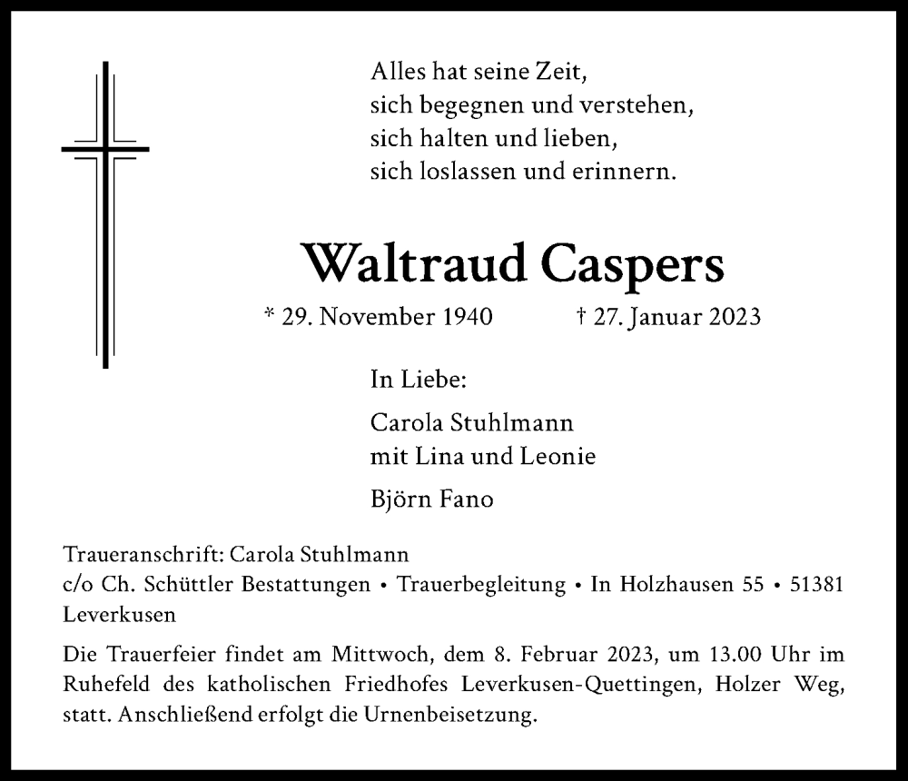  Traueranzeige für Waltraud Caspers vom 04.02.2023 aus Kölner Stadt-Anzeiger / Kölnische Rundschau / Express