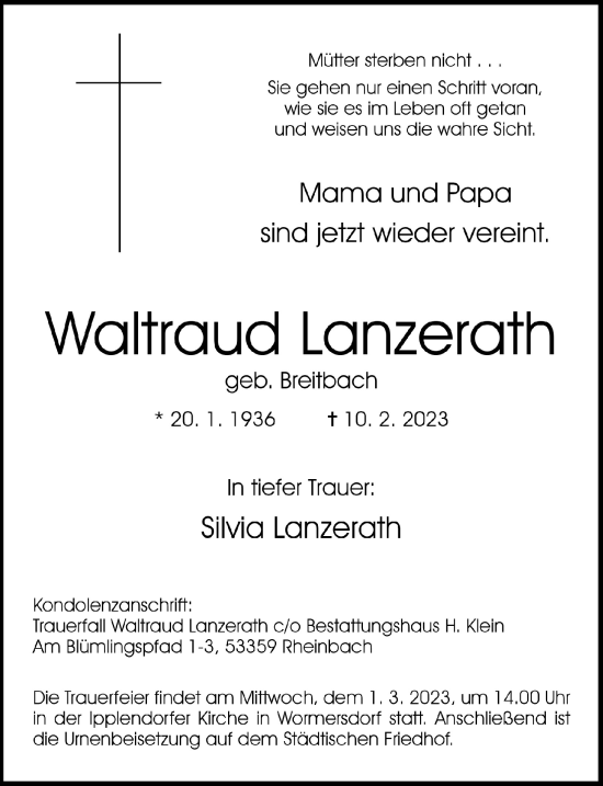Anzeige von Waltraud Lanzerath von  Schaufenster/Blickpunkt 