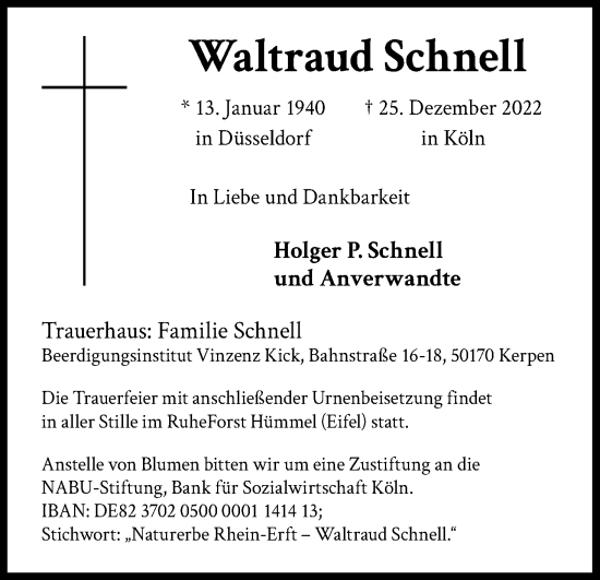 Anzeige von Waltraud Schnell von Kölner Stadt-Anzeiger / Kölnische Rundschau / Express